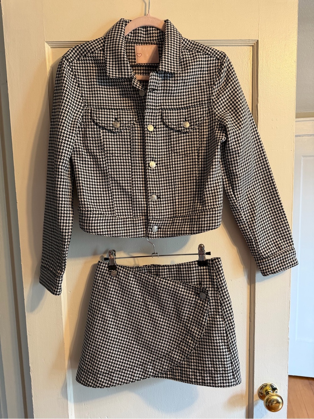 REVICE Rare Sample Set - Black & White Houndstooth Button Jacket and Wrap Skirt